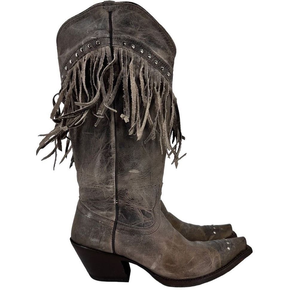 Tony Lama Women's 8 B Cowboy Boots Distressed Gray Leather Zip Up Fringe Silver